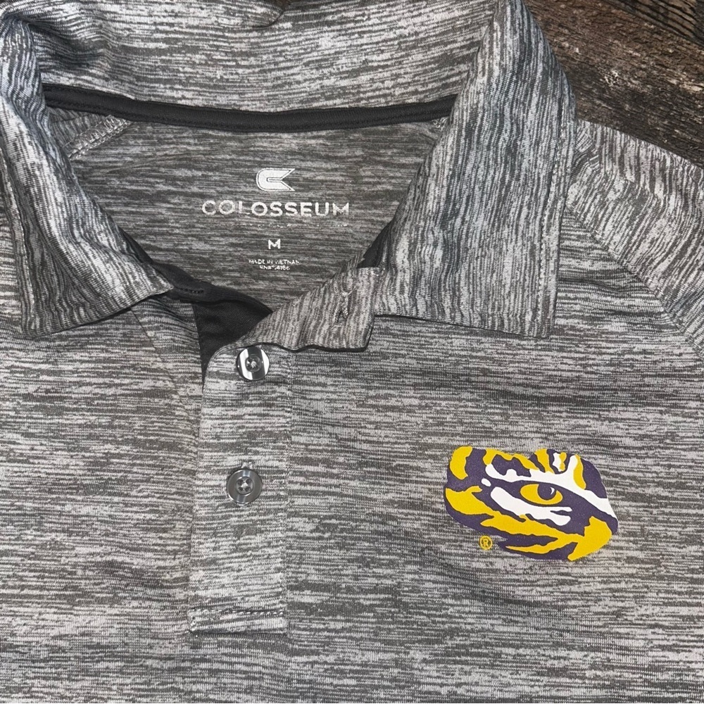 Colosseum Gray LSU Men's Polo Shirt Eye Of The Tiger Short Sleeve Dry Fit Medium